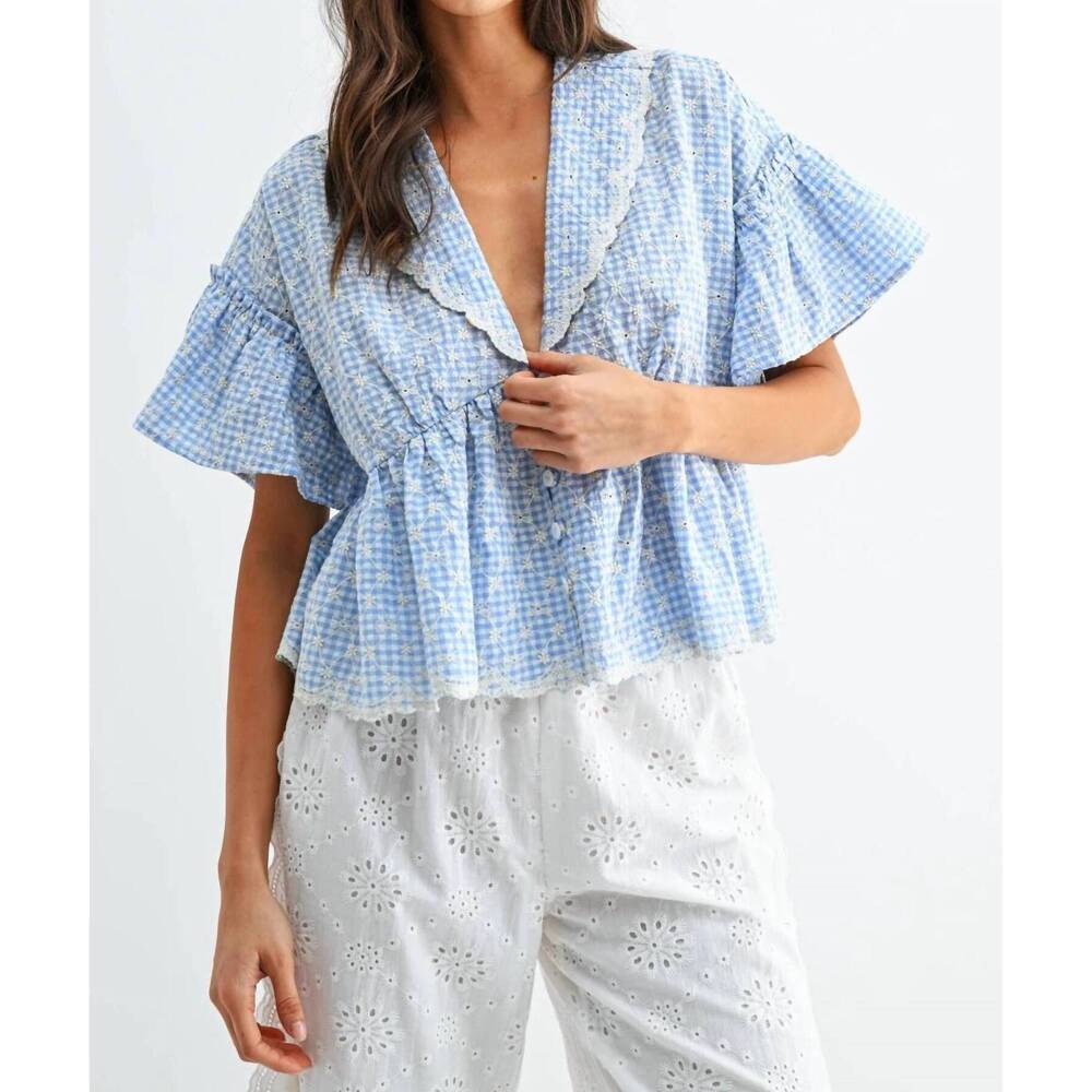 NEW CAMELLIA sky button front short sleeve top in blue